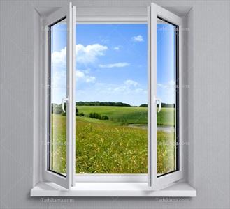 تصویر با کیفیت پنجره رو به مزرعه و آسمان آبی